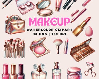 Watercolor Makeup Clipart: Beauty Products PNG Bundle (Digital Download)
