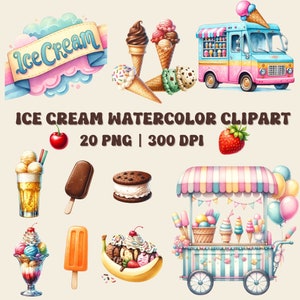Eis Aquarell Clipart Set | 20 PNG-Bilder | Kommerzielle Nutzung | Zapfen, Eisbecher, Eis am Stiel, Eiswagen | Digitaler Download | 300 DPI