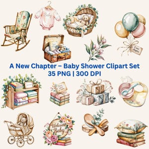 Könnte beinhalten: Aquarell-Babyparty-Cliparts mit Schaukelstuhl, Babykleidung, Stubenwagen, Koffer mit Teddybär, Luftballons und anderen Baby-Artikeln. Der Text "A New Chapter - Baby Shower Clipart Set" ist enthalten.
