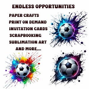 K&ouml;nnte beinhalten: Drei Fu&szlig;b&auml;lle mit bunten Farbschleudern dahinter. Der Text "ENDLESS OPPORTUNITIES" befindet sich oben im Bild. Unter dem Text stehen die W&ouml;rter "PAPER CRAFTS", "PRINT ON DEMAND", "INVITATION CARDS", "SCRAPBOOKING", "SUBLIMATION ART" und "AND MORE..."