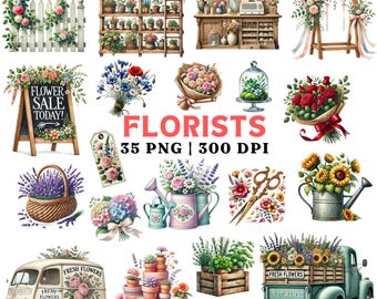 Watercolor Florist Clipart: Vintage Flower Shop Graphics (Digital Download)
