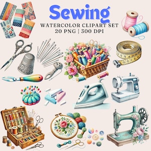 Conjunto de imágenes prediseñadas de acuarela para costura / 20 imágenes PNG / Uso comercial / Herramientas de costura, telas, bordados / Descarga digital / Alta calidad de 300 DPI