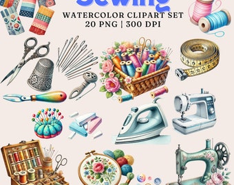 Watercolor Sewing Clipart Set: 20 PNG Images, Sewing Tools (Digital Download)