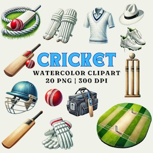 Pakiet akwarelowych clipartów Cricket – 20 plików PNG, 300 DPI, kij do krykieta, piłka, kask, bramki, sportowa grafika cyfrowa do użytku komercyjnego