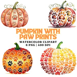 Aquarel pompoen clipart met pootafdrukken, 6 png, 400 dpi, herfst huisdier minnaar halloween decor, pompoen, commercieel gebruik, afdrukbare digitale kunst