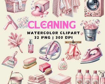 May include: A set of 32 watercolor illustrations of cleaning supplies in pink and white. The illustrations include a broom, dustpan, feather duster, vacuum cleaner, iron, cleaning spray bottles, sponges, laundry basket, towels, and a washing machine. The text "CLEANING WATERCOLOR CLIPART 32 PNG | 300 DPI" is included in the image.