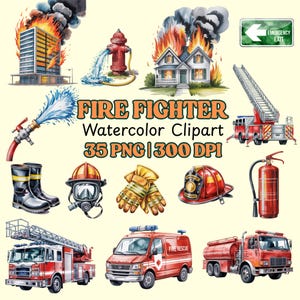 May include: A watercolour clipart set depicting firefighting scenes and equipment. The image includes burning buildings, fire engines, a hydrant, and firefighter equipment, with the text "FIRE FIGHTER Watercolor Clipart 35 PNG | 300 DPI".