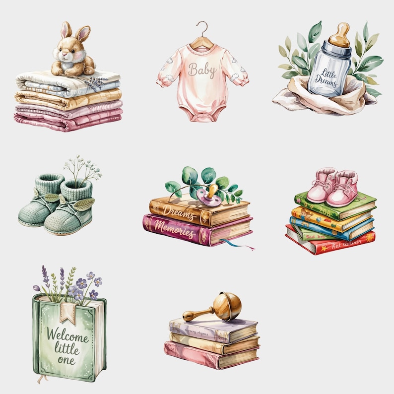 Baby Shower Watercolor Clipart Set: Pastel Nursery Art, Commercial Use ...