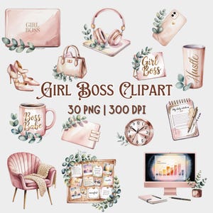 Girl Boss-clipartbundel | 30 png-bestand | Vrouwelijke kantooresthetiek | Drukte plannerstickers |  Boss Babe Elements | Commercieel gebruik | 300 dpi