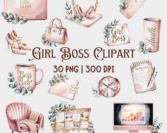 Girl Boss Clipart Bundle | 30 PNG | Feminine Office Aesthetic | Hustle Planner Stickers |  Boss Babe Elements | Commercial Use | 300 DPI