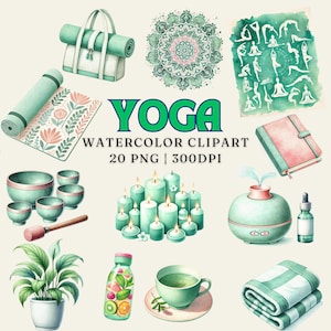Conjunto de imágenes prediseñadas de yoga en acuarela / 20 imágenes PNG / Uso comercial / Tapetes de yoga, mandalas, velas, meditación / Descarga digital / 300 DPI