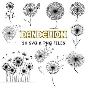 Dandelion Line Art: Floral Silhouette SVG & PNG Clipart (20 Files) (Digital Download)