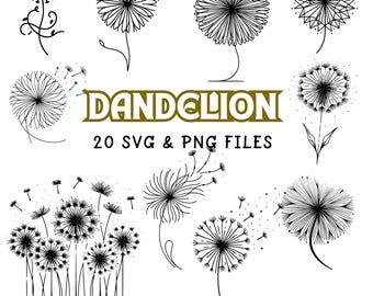 Dandelion Line Art: Floral Silhouette SVG & PNG Clipart (20 Files) (Digital Download)