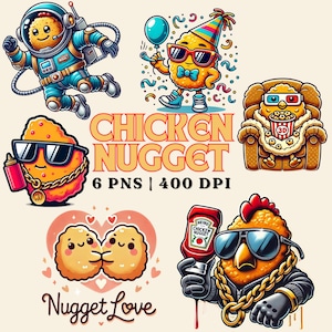 Conjunto de imágenes prediseñadas PNG de nuggets de pollo: 6 archivos digitales de alta calidad de 400 DPI para impresión bajo demanda, manualidades y más / Uso comercial