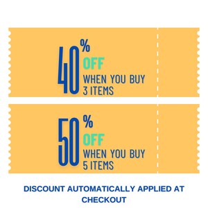 May include: Two yellow discount coupons with blue and green text. The top coupon says "40% OFF WHEN YOU BUY 3 ITEMS". The bottom coupon says "50% OFF WHEN YOU BUY 5 ITEMS". Both coupons have a dashed line on the right side. The text at the bottom says "DISCOUNT AUTOMATICALLY APPLIED AT CHECKOUT".