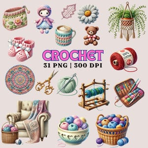 Puede incluir: Una colección de 31 ilustraciones digitales con temática de crochet, que incluyen una muñeca de crochet, una flor, un oso, una bola de lana, un gancho de crochet, una cesta de lana, un patrón de crochet, una bolsa de crochet y una silla de crochet. Las ilustraciones son de varios colores y estilos, y son perfectas para usar en proyectos de manualidades, scrapbooking o diseño digital.
