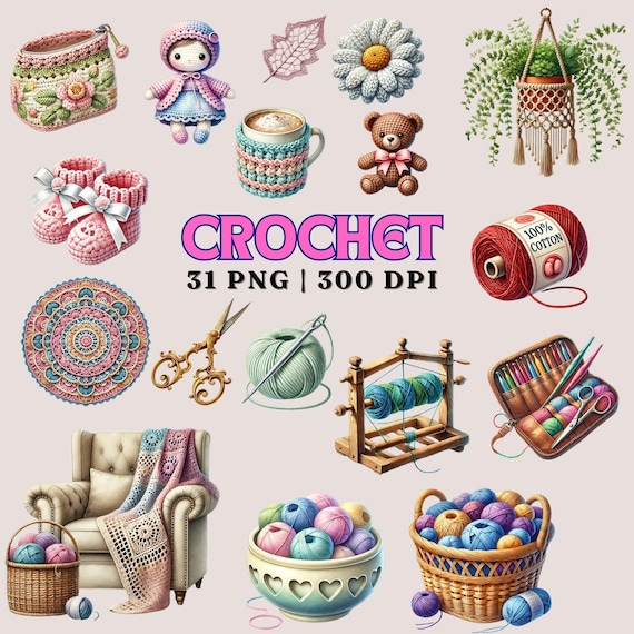 Crochet Clipart Bundle: Yarn, Hooks, Mandalas (31 PNG Files, 300 DPI)
