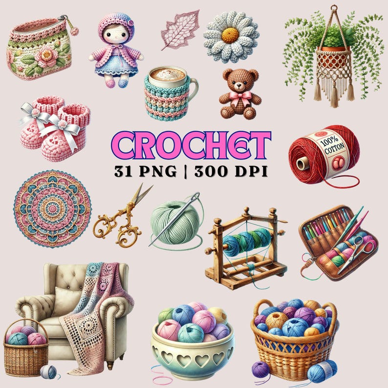May include: A collection of 31 crochet-themed digital illustrations, including a crocheted doll, a flower, a bear, a ball of yarn, a crochet hook, a basket of yarn, a crochet pattern, a crochet bag, and a crochet chair. The illustrations are in a variety of colours and styles, and are perfect for use in crafting projects, scrapbooking, or digital design.