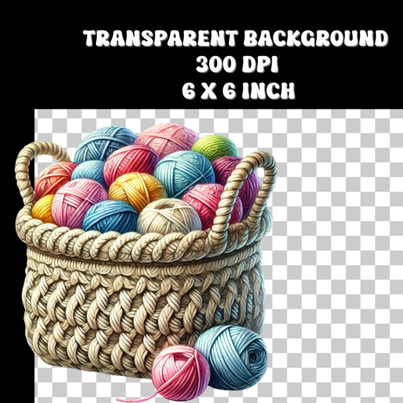 May include: A wicker basket overflowing with colourful yarn balls, some of which are spilling out of the basket. The basket is woven with a rope-like material and has two handles. There are three yarn balls on the ground next to the basket.