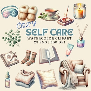 Conjunto de imágenes prediseñadas de acuarela "Acogedor cuidado personal" / 25 imágenes PNG / Uso comercial / Artículos de relajación, bienestar y confort / Descarga digital / 300 DPI