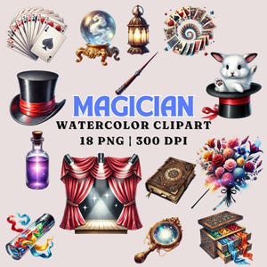 Goochelaar aquarel clipart-18 png-bestanden, hoogwaardige 300 dpi, magische rekwisieten, kaarten, hoed, toverstaf, spellbook, digitale fantasiekunst, commercieel gebruik