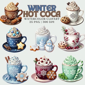 Winter Hot Cocoa Watercolor Clipart Set | Commercial Use | 25 Festive PNGs | Hot Chocolate & Cookies| 300 DPI Digital Art | Holiday Projects
