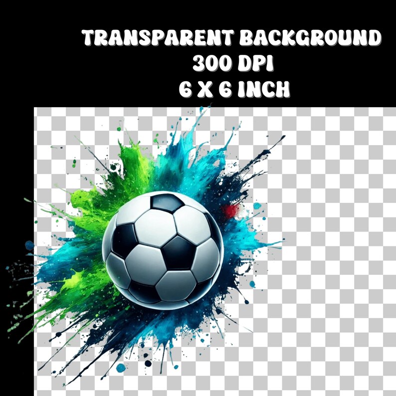 K&ouml;nnte beinhalten: Ein schwarz-wei&szlig;er Fu&szlig;ball mit gr&uuml;nen, blauen und schwarzen Farbschleudern dahinter.