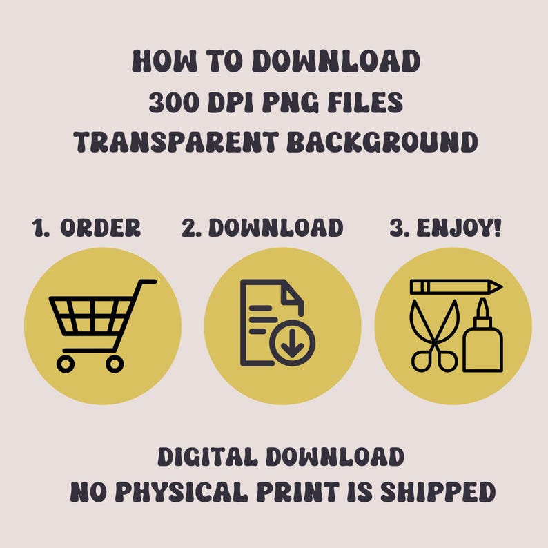 May include: A yellow graphic with black text explaining how to download 300 DPI PNG files with transparent backgrounds. The graphic includes three icons: a shopping cart, a document with a download arrow, and scissors and glue.