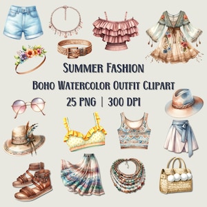 Ensemble de cliparts mode été Boho aquarelle tenue | 25 images PNG | Utilisation commerciale | Robes, chapeaux, accessoires | Téléchargement numérique | 300 ppp