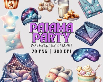 Pajama Party Watercolor Clipart | 20 PNGs | 300 DPI | Commercial Use | Digital Sleepover Graphics| Cozy Slumber Party Elements | Cute Pajama