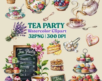 Tea Party Watercolor Clipart: Floral Teapots, Desserts (32 PNG)