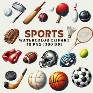Clipart de aquarela esportiva - 30 arquivos PNG, alta resolução 300 DPI | Futebol, tênis, basquete, golfe, críquete e muito mais para uso comercial
