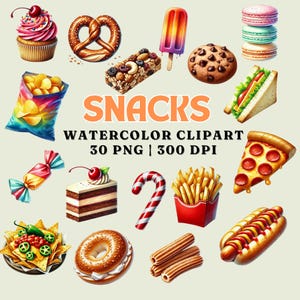 Watercolor Snacks Clipart Bundle - 30 PNG Files, 300 DPI Digital Illustrations of Pretzels, Pizza, Cupcakes, Hot Dogs, Commercial Use