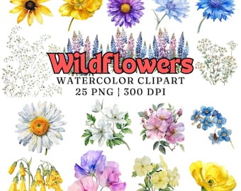 Watercolor Wildflowers Clipart Set: 25 PNG Floral Illustrations (Digital Download)