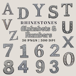Rhinestone Alphabet & Numbers Clipart, 36 PNG Files, 300 DPI, Sparkly Diamond Letters and Numbers, Digital Design Elements, Commercial Use