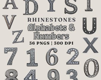 Sparkly Rhinestone Alphabet & Numbers Clipart (36 PNG Files)