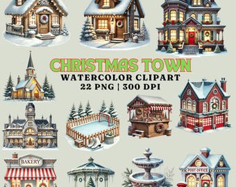 Christmas Town Watercolor Clipart: Festive Village PNGs (Digital Download)