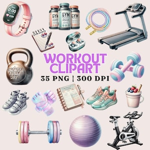 Clipart do ćwiczeń | Clipart do fitnessu | Clipart do siłowni | Kettlebell Hantle PNG | Sprzęt sportowy | Użytek komercyjny | Bieżnia, Buty, Planer