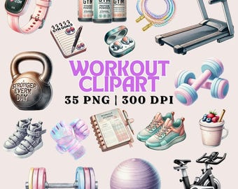 Workout Clipart Set: Gym Equipment Graphics (35 PNG)