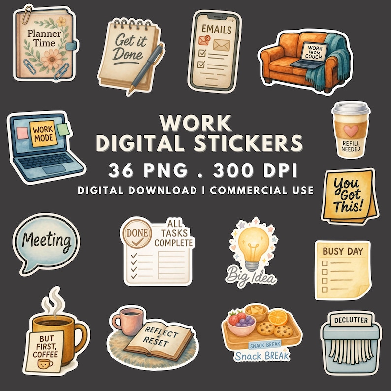 Watercolor Work Digital Stickers: Planners, Journals (36 PNG ...