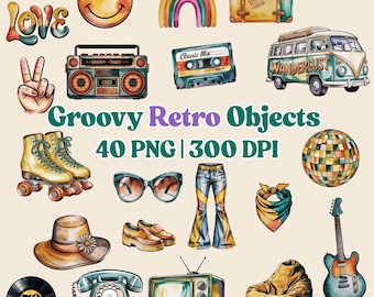 May include: A collection of groovy retro objects, including a smiley face, rainbow, cassette tape, peace sign, roller skates, sunglasses, bell-bottom jeans, a disco ball, a guitar, and a vintage van. The text "Groovy Retro Objects" is also present.