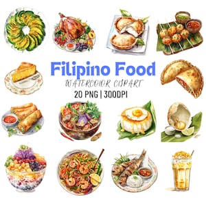 Filipijns eten aquarel clipartset | 20 png-afbeeldingen | Commercieel gebruik | Filipijnse gerechten, keuken, snacks | Digitale download | 300 dpi