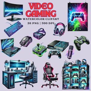 Aquarel clipartset videogames| 26 png-afbeeldingen |Commercieel gebruik |Gameconsoles, headsets, controllers, instellingen | Digitale download | 300 dpi