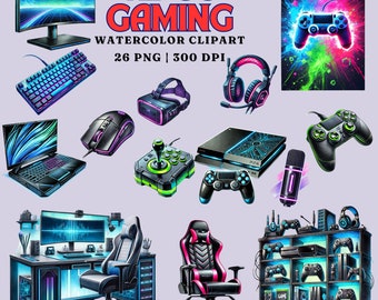 Watercolor Video Gaming Clipart Set: 26 PNG Images (Digital Download)