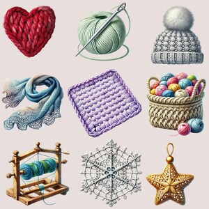 May include: A collection of crocheted items, including a heart, a ball of yarn, a hat, a square, a scarf, a basket of yarn, a snowflake, and a star.