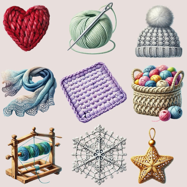 May include: A collection of crocheted items, including a heart, a ball of yarn, a hat, a square, a scarf, a basket of yarn, a snowflake, and a star.