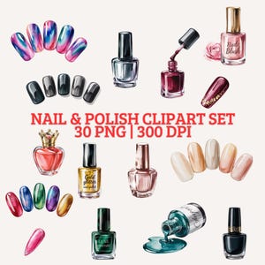 Puede incluir: Una colección de esmaltes de uñas y diseños de uñas. La imagen incluye varios frascos de esmalte de uñas en tonos plateado, rojo, dorado y verde esmeralda, junto con diseños de uñas multicolores. El texto dice "NAIL & POLISH CLIPART SET 30 PNG | 300 DPI."