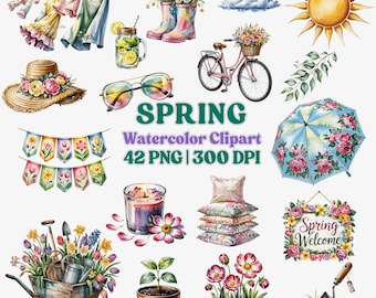 Spring Watercolor Clipart Set: Cottagecore Garden PNG (Commercial Use)