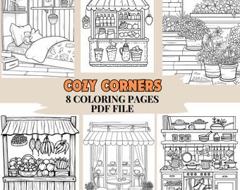 Cozy Corners Coloring Pages: Relaxing Home & Market Scenes (PDF)