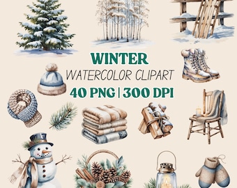 Winter Watercolor Clipart Bundle | Neutral Hygge PNG (Commercial Use)